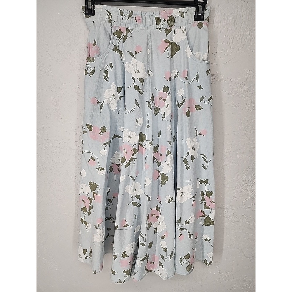 Vintage Blue Floral Denim Maxi Midi Skirt Cottagecore Boho Size 6